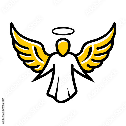 Icon of a winged figure with a halo featuring bold yellow wings, representing a celestial being and spiritual themes