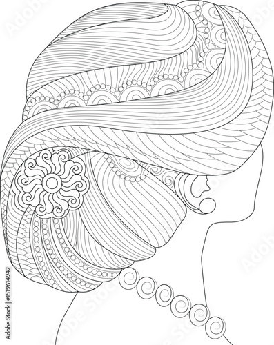 Intricate Updo Hairstyle Line Art, Line drawing of an elegant updo hairstyle with intricate patterns, shown in side profile. Features detailed swirls, waves, and geometric shapes within the hair, 