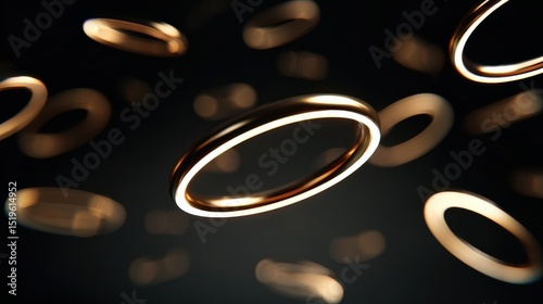 Floating rings in a soft ambient light embody a futuristic minimalist design in enchanting motion