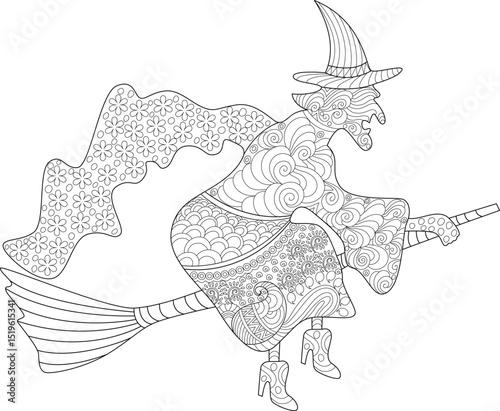 Intricate Line Art Witch Flying on Broomstick for Halloween, Detailed black and white line art illustration of a witch flying on a broomstick. The image features intricate patterns and designs 