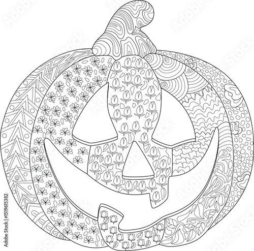 Intricate Halloween Pumpkin Coloring Page, Detailed black and white line art illustration of a Halloween pumpkin with various patterns, perfect for adult coloring books, relaxation, or holiday 