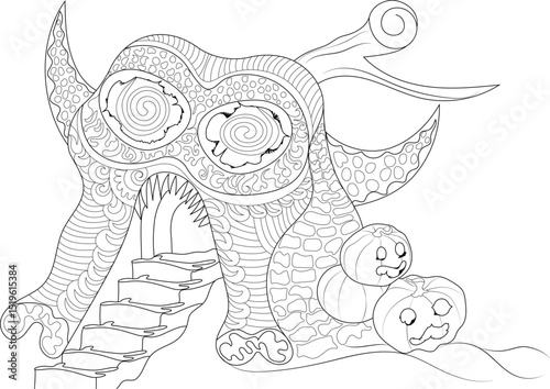Spooky Halloween Monster House Coloring Page, Black and white line art illustration for a coloring book featuring a fantastical, monstrous house or creature with steps leading into its mouth, 