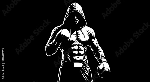 Muscular boxer in hooded sweatshirt silhouette isolated on black background