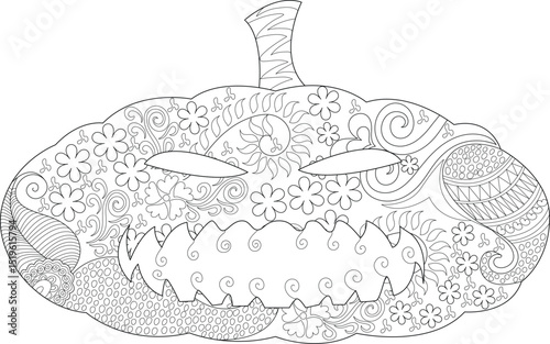 Ornate Halloween Jack-o'-Lantern Coloring Page, Black and white line art illustration of a Halloween pumpkin (jack-o'-lantern) filled with intricate floral and geometric patterns, designed for 