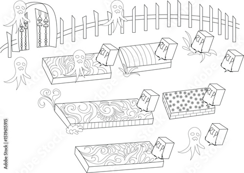 Halloween Graveyard with Ghosts Line Drawing, Black and white outline illustration of a spooky graveyard scene with floating ghosts, gravestones marked 'RIP', a fence, and an archway entrance. 