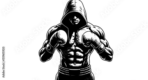 Muscular boxer in hooded sweatshirt silhouette isolated on transparent background