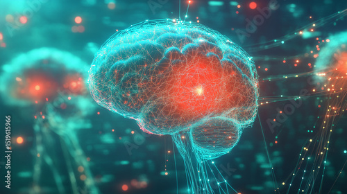 Futuristic digital visualization of a human brain representing neural networks and brain activity.