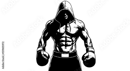 Muscular boxer in hooded sweatshirt silhouette isolated on transparent background