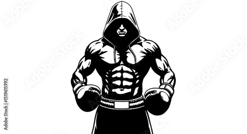 Muscular boxer in hooded sweatshirt silhouette isolated on transparent background