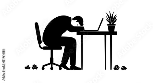 Tired businessman sleeping at desk silhouette isolated on transparent background. Professional burnout. Young exhausted male manager sitting at the office. Long working day. Millennials at work.