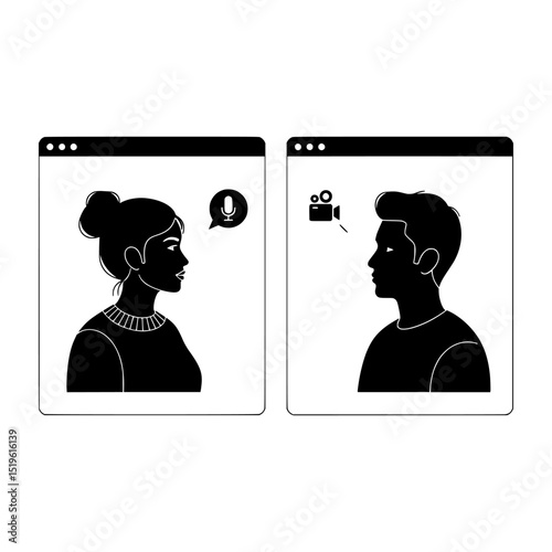 Online interview icons silhouette woman audio and man video chat isolated on transparent background