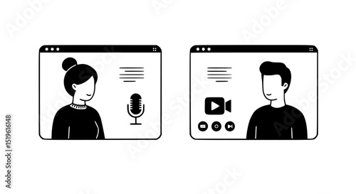 Online interview icons silhouette woman audio and man video chat isolated on transparent background