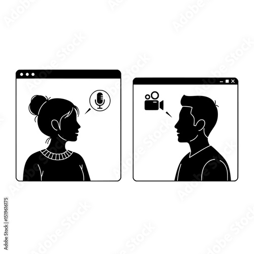 Online interview icons silhouette woman audio and man video chat isolated on transparent background