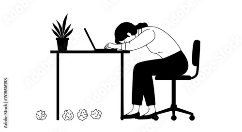 Tired businesswoman at desk silhouette isolated on transparent background. Professional burnout. Young exhausted female manager sitting at the office. Long working day. Millennials at work. 