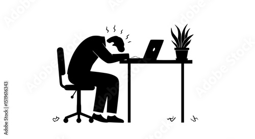 Tired businessman sleeping at desk silhouette isolated on transparent background. Professional burnout. Young exhausted male manager sitting at the office. Long working day. Millennials at work.