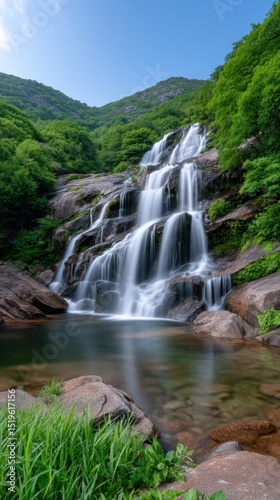 Serene Waterfall Amidst Lush Green Mountains