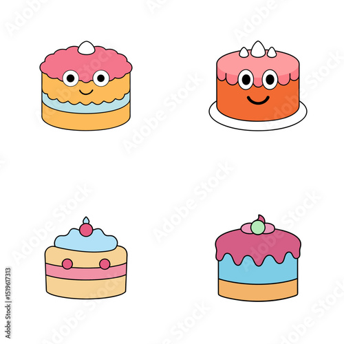 Four cartoon cakes with different toppings and colors arranged in a square format on white background