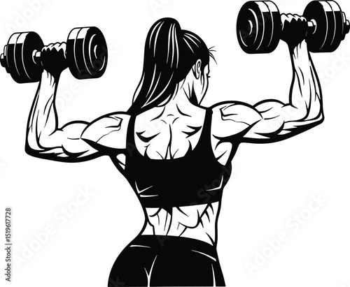 Powerful female bodybuilder lifting dumbbells rear view depicting strength and fitness