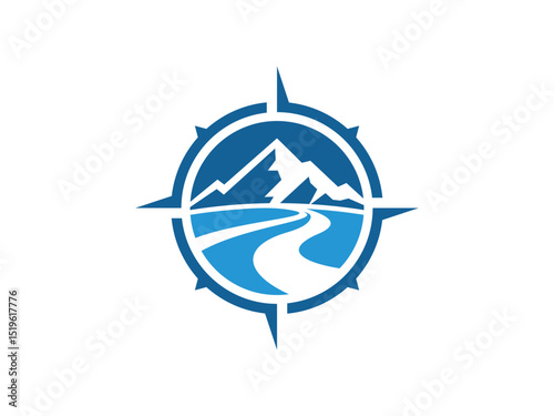 compass, pathway and mountain river logo vector