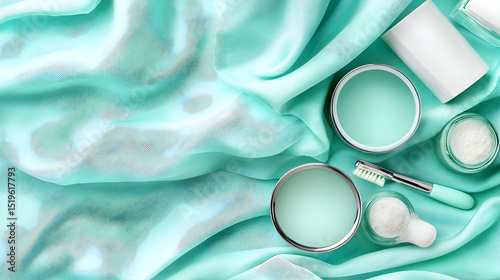 Teal Paint Cans On Turquoise Fabric