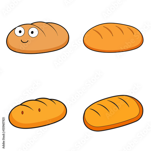 Four loaves of bread with varying designs including one with a face and simple line details