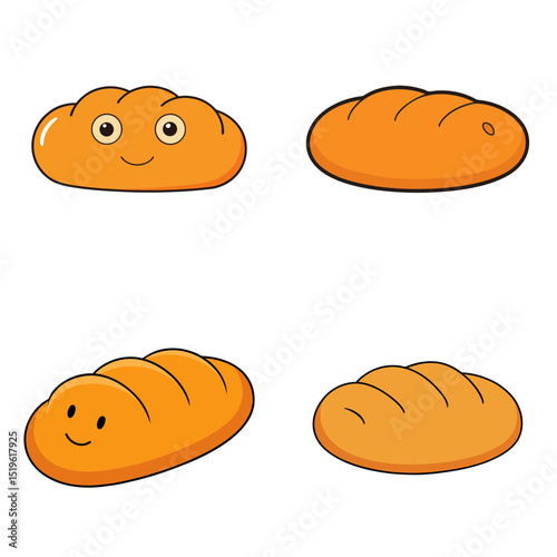 Four cartoon bread loaves with varying expressions and details on a white background display illustration