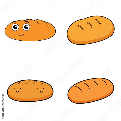 Four cartoon bread loaves with different expressions and styles on a white background image design