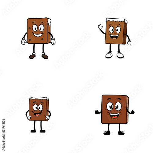 Four cartoon brownies with arms, legs, and faces on a white background in a square arrangement