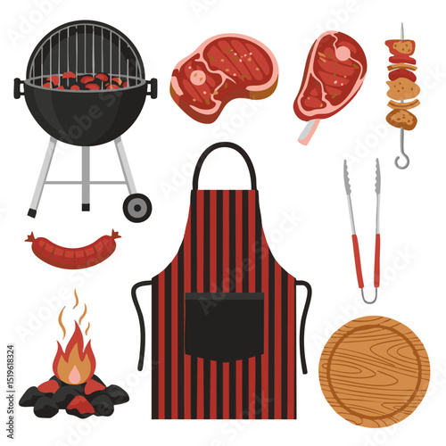 Barbecue Grill and Food Vector Set – Flat Minimal Style