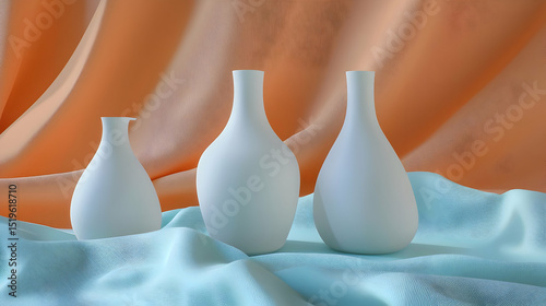 Three White Vases On Pastel Fabric Background