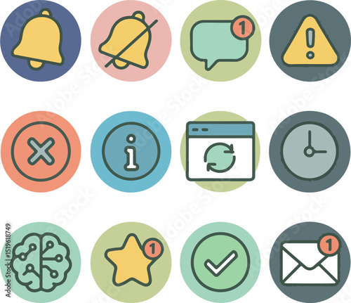 Grid of twelve flat design icons in circular frames on solid background