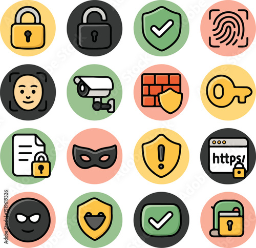 Grid of sixteen colorful security icons on plain background