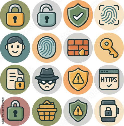 Grid of sixteen circular icons representing security, technology, and safety themes