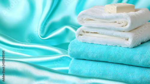 Stack Of Turquoise Towels On Satin Background With Soap