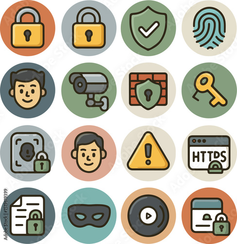 Grid of sixteen circular security and privacy icons in vibrant colors