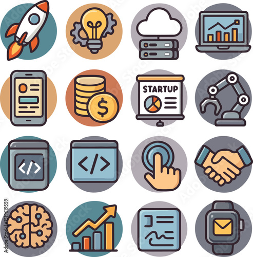Set of sixteen circular icons representing technology and business concepts on gradient background