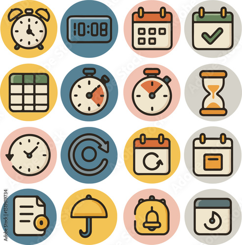 Grid of sixteen circular icons for timekeeping and scheduling