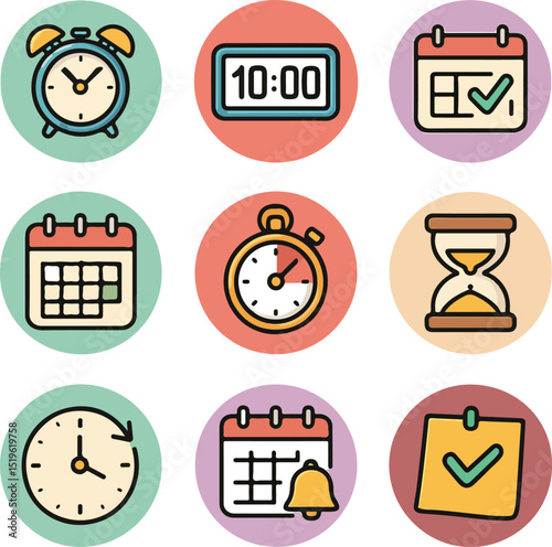Nine time and scheduling icons in a 3x3 grid with pastel-colored circular frames