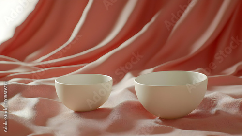 Two White Bowls On Soft Pink Fabric