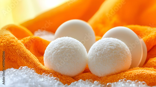 Three White Snowball Ornaments On Orange Towel Covered With Snow