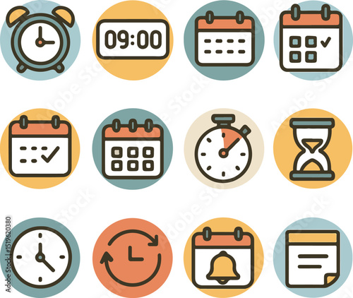 Twelve timekeeping and scheduling icons in a 3x4 grid on a pastel background