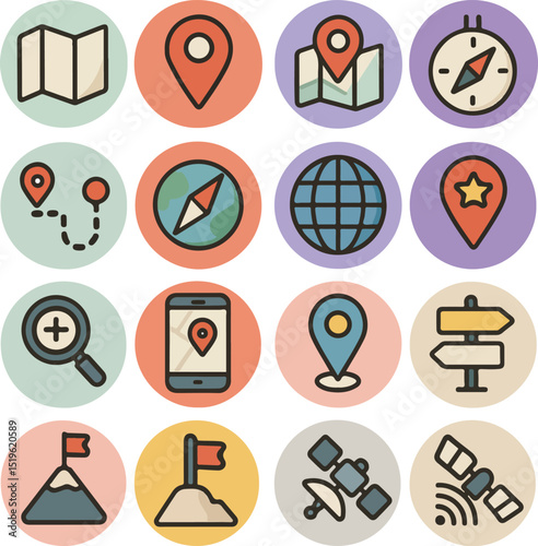 Set of sixteen flat design travel and navigation icons in circular frames