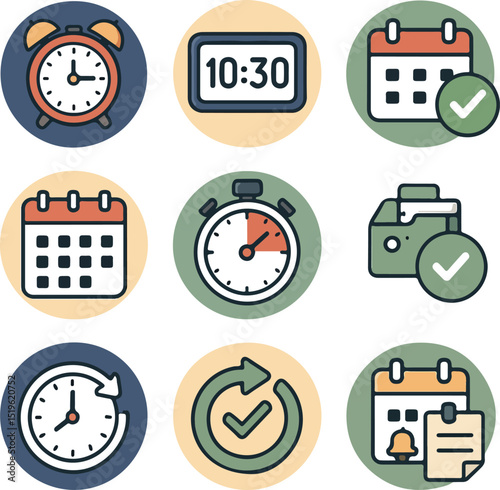 Nine timekeeping and scheduling icons in circular frames on a 3x3 grid