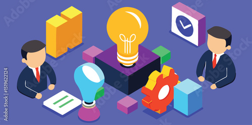 Brainstorming Brilliance: An isometric view captures two figures engaged in creative idea generation around glowing lightbulbs, embodying innovation.