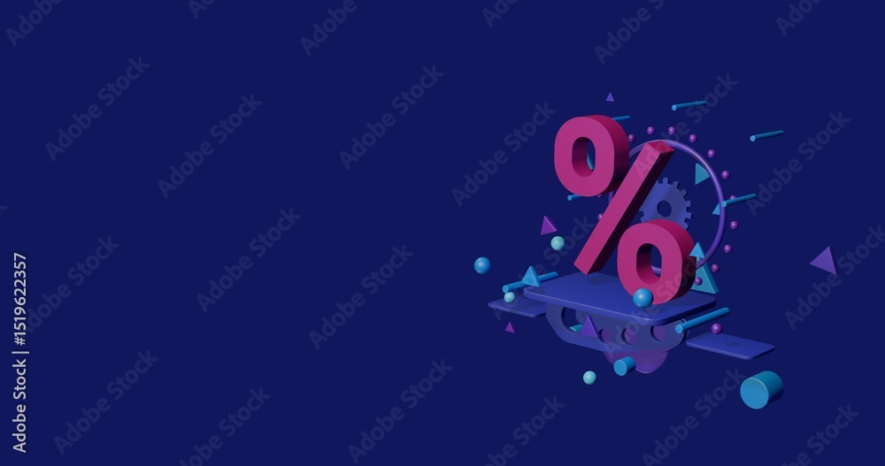 Fototapeta premium Pink percent symbol on a pedestal of abstract geometric shapes floating in the air. Abstract concept art with flying shapes on the right. 3d illustration on indigo background