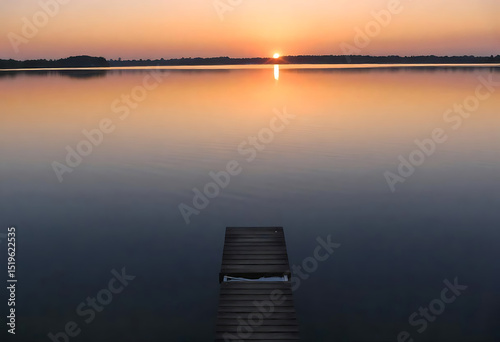 Fototapeta Naklejka Na Ścianę i Meble -  Serene sunset over calm lake waters with wooden dock leading towards horizon