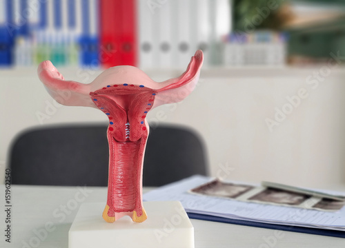 Detailed anatomical model illustrating the female reproductive system in medical office setting