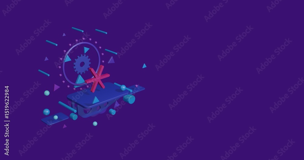 Obraz premium Pink astrological sextile symbol on a pedestal of abstract geometric shapes floating in the air. Abstract concept art with flying shapes on the left. 3d illustration on deep purple background