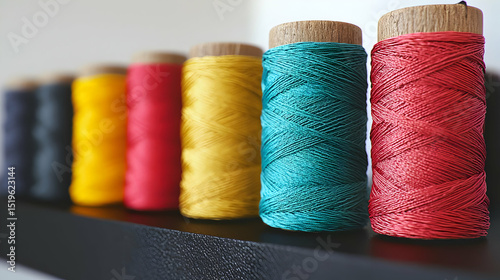 Colorful Thread Spools Displayed On A Dark Shelf