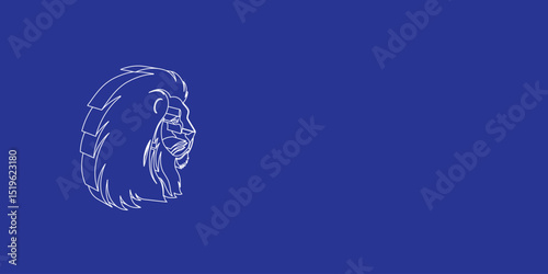 The outline of a large lion head icon made of white lines on the left. 3D view of the object in perspective. Vector illustration on indigo background